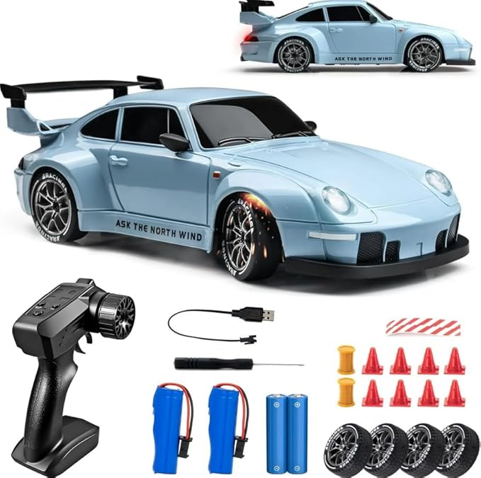 RC Drift Car 1:24 Scale Remote Control Vehicle with LED Lights 2.4GHz 20KM/H 4WD High Speed RC Cars Drifting Tires＆Two Batteries. (Blue)