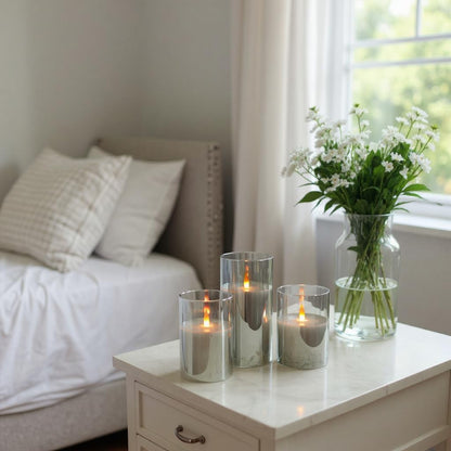 NICEME Clear Glass Flameless Candles Battery Operated with Remote Timer, Real Wax LED Pillar Candles with Flickering Flame Pure White Radiance Evanescing Fake Candles for Wedding Home Decor, Set of 3