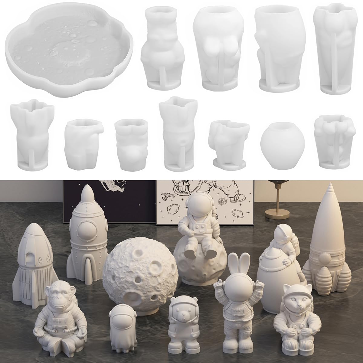 Space Planet Resin Molds Silicone，【12-piece Set】 Epoxy Resin Space Astronaut Silicone molds,3D Resin Spaceballs Molds, Small Rocket Silicone Model, Space Rabbit DIY Gift Sets for Teens (【Kit 5】)