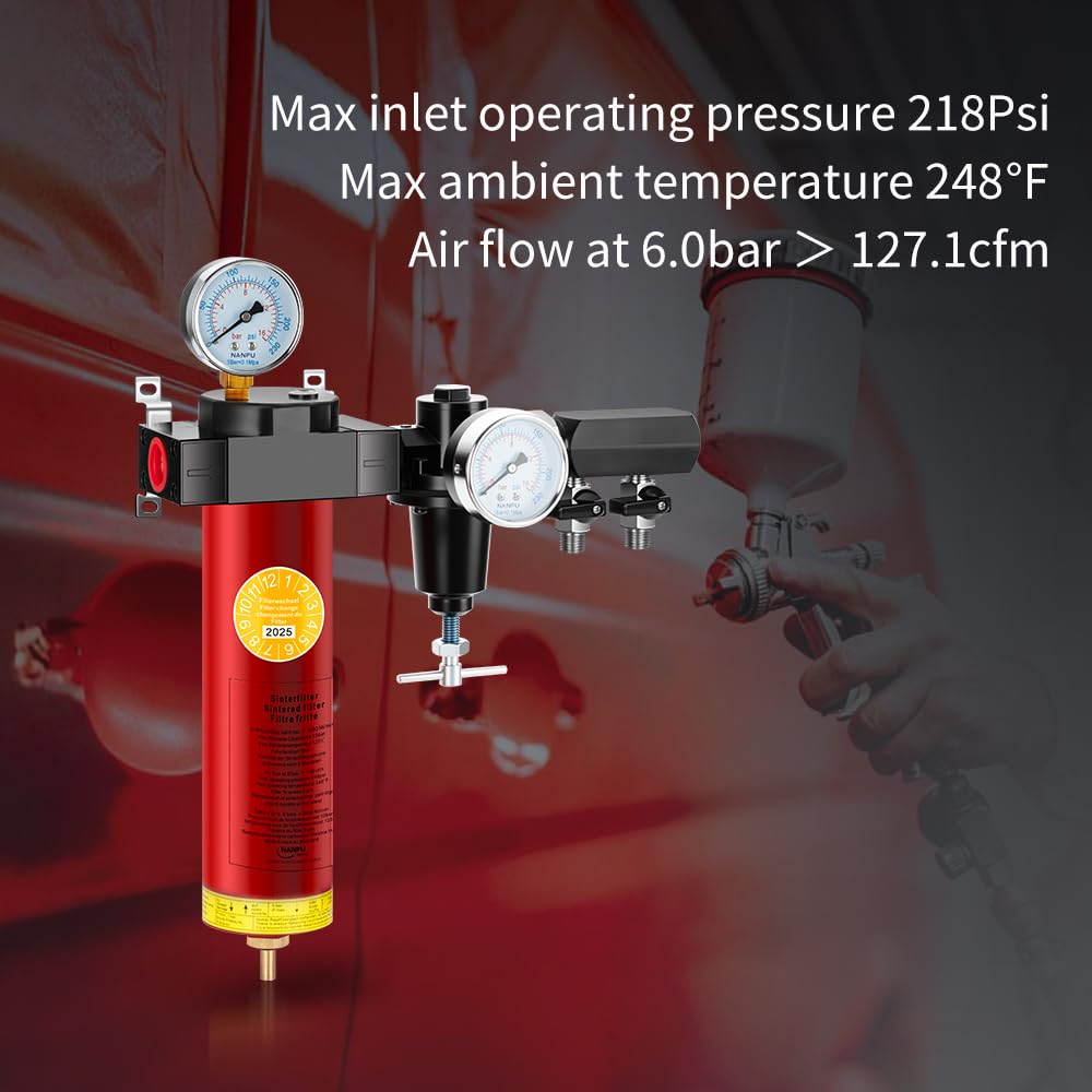 NANPU Z-R Air Filter Regultor– Sintered Filter, 3/4" NPT Inlet, 1/4" NPT Outlet Module, 0-230 psi Gauge, 127 CFM @ 6 bar, Metal Housing, Heat Resistant to 248°F