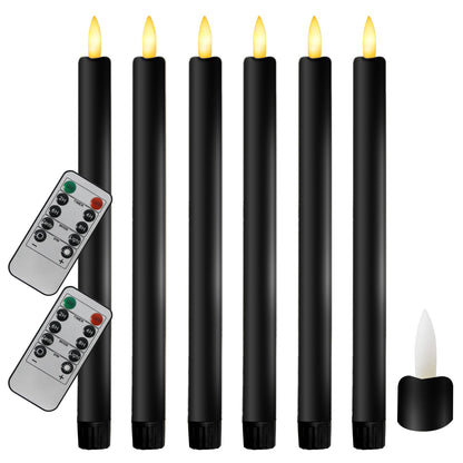 Sunjas 6PCS Flameless Taper Candles with 3D Flickering Flame Battery Operated Candles with 2 Remote with Button Cell Battery 10 Inch Black LED Candlesticks Window Candle for Christmas Home Decor