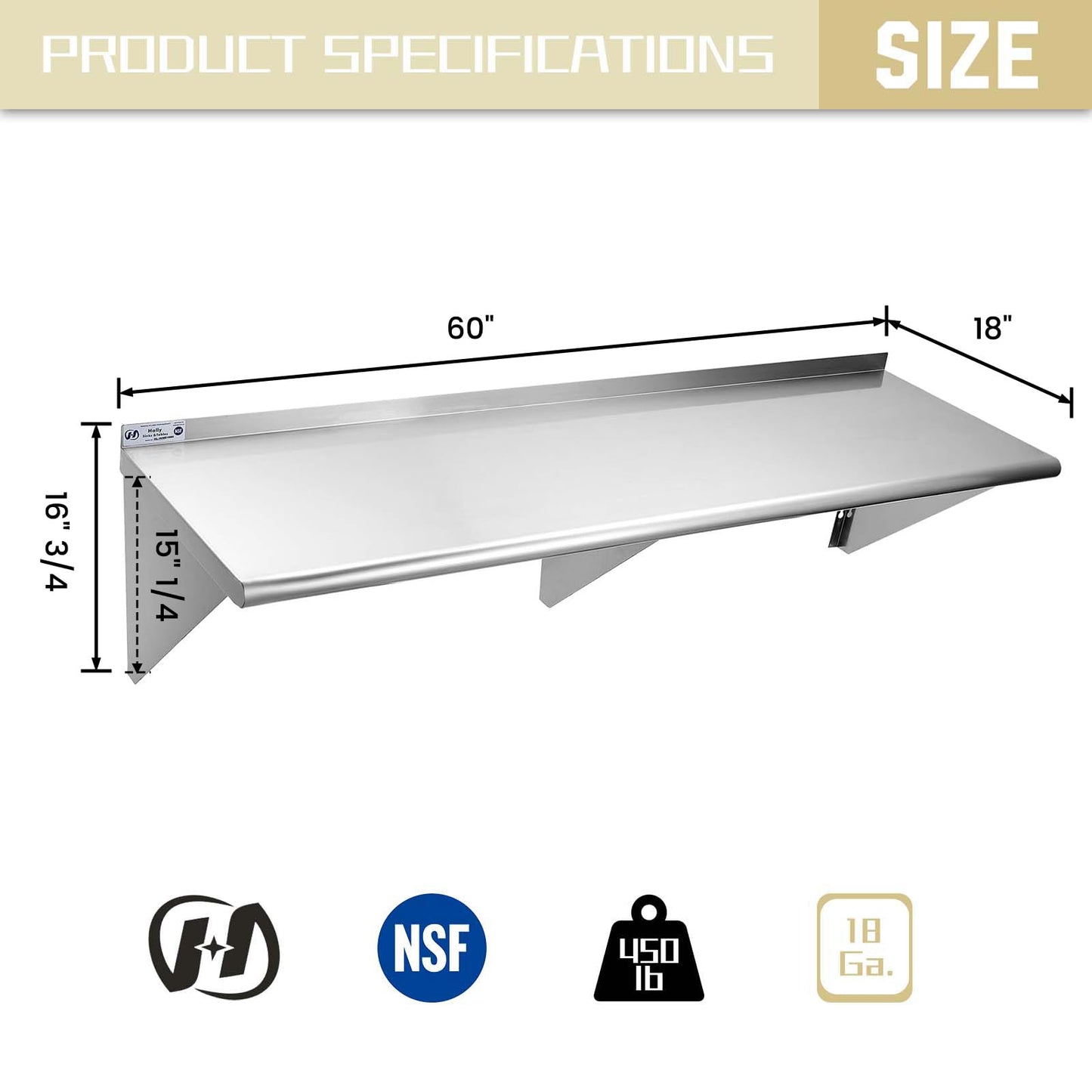 HALLY SINKS & TABLES H Stainless Steel Shelf 18 x 60 Inches, 450 lb, Commercial Wall Mount Floating Shelving for Restaurant, Kitchen, Home and Hotel