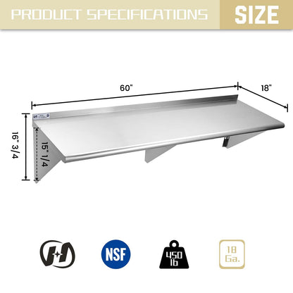 HALLY SINKS & TABLES H Stainless Steel Shelf 18 x 60 Inches, 450 lb, Commercial Wall Mount Floating Shelving for Restaurant, Kitchen, Home and Hotel