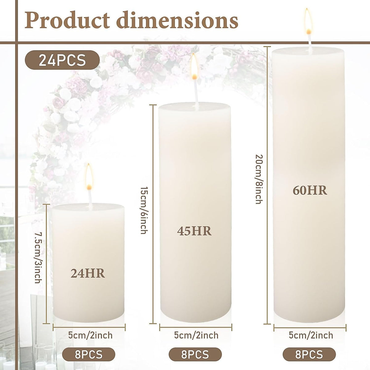 24 Pack Pillar Candles Bulk,Ivory Unscented Tall Candles,3 Sizes White Dripless Smokeless Wax Sticks for Wedding,Dinner Table,Christmas and Home Decor,24|45|60 Hours Burning