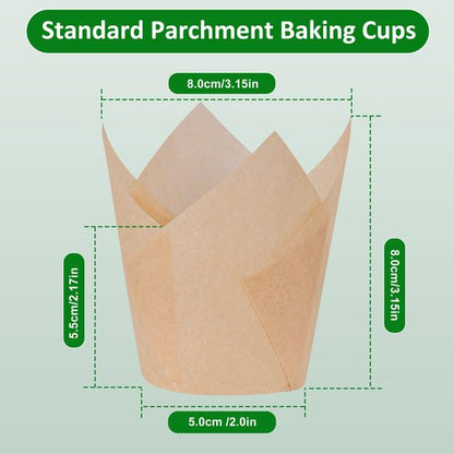 Caperci 225pcs Natural Tulip Cupcake Liners Paper for Baking Cups Unbleached European Parchment Paper, Tulip Muffin Liners Cupcake Wrapper for Party, Wedding, Christmas, Birthday