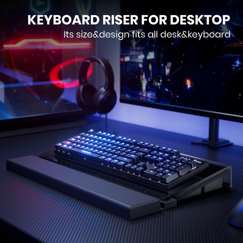 3 in 1 Keyboard Stand w/Wrist Rest and Storage Tray - Klearlook [Ultra Comfortable] PU Leather Wrist Pad & Acrylic Keyboard Riser, 16.9x7.3 inch Tilt Adjustable Computer Keyboard Stand Holder-Black