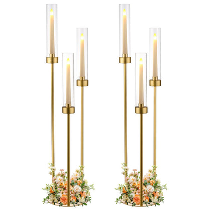 Vincidern 2pcs Gold Taper Candle Holder 3-arm Candelabra Decorative Candlestick Holder for Table Centerpieces, Wedding, Dining Room, Events, Party (33in Tall)