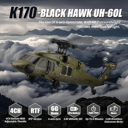 WL K170 RC Helicopter Model BK Hawk UH-60L 170 Size 4CH Flybarless Helicopter with Adjustable Left and Right Hand Throttle (RTF Version)