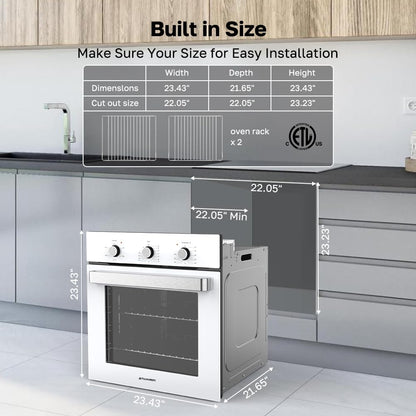 24" Single Wall Oven, ThermoMate 2.8 Cu.ft. Electric Wall Oven with 5 Cooking Functions, White Built-in Ovens with Mechanical Knobs Control, ETL Certified