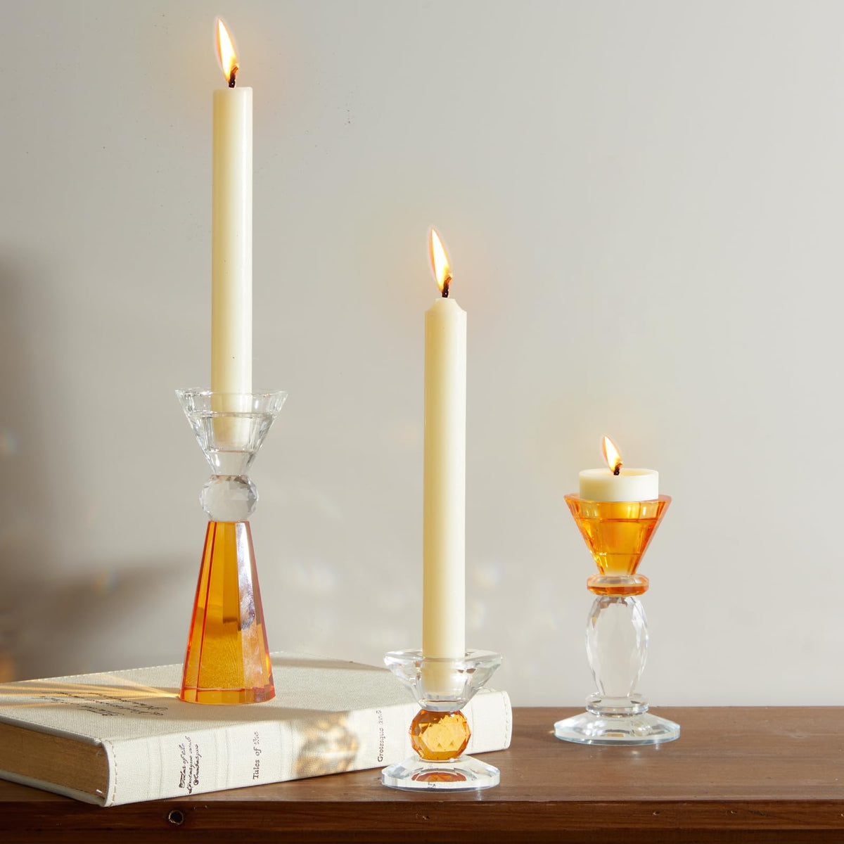DN DECONATION Glass Candle Holder Set of 3, Candlesticks Holders Amber & Clear Crystal Tealight Candles Holder for Table Centerpiece Wedding Decorations Housewarming Gift Living Room Party