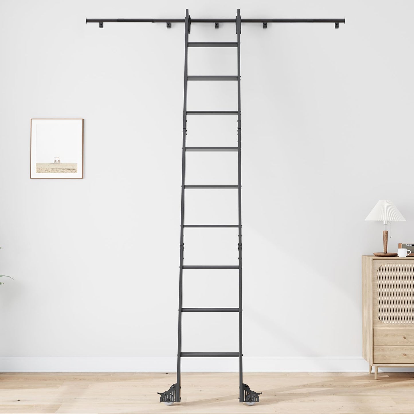 Fredbeck Rolling Library Step Ladders 120" with 8FT Sliding Hardware Track Kit for Kitchen,Loft,Warehouses,Bookstore,attic,Metal Black