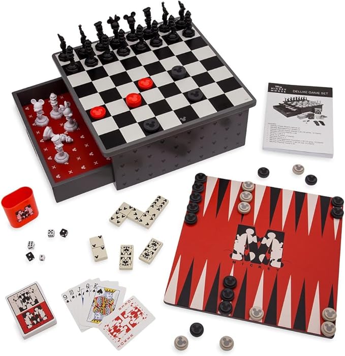 Disney Store Dolls &amp Games Mickey Mouse Deluxe Game Set - Includes Disney Chess Set Checkers Pieces Backgammon Board Playing Cards Poker Chips Dice &amp Shaker Cup in Self-Contained Wooden B