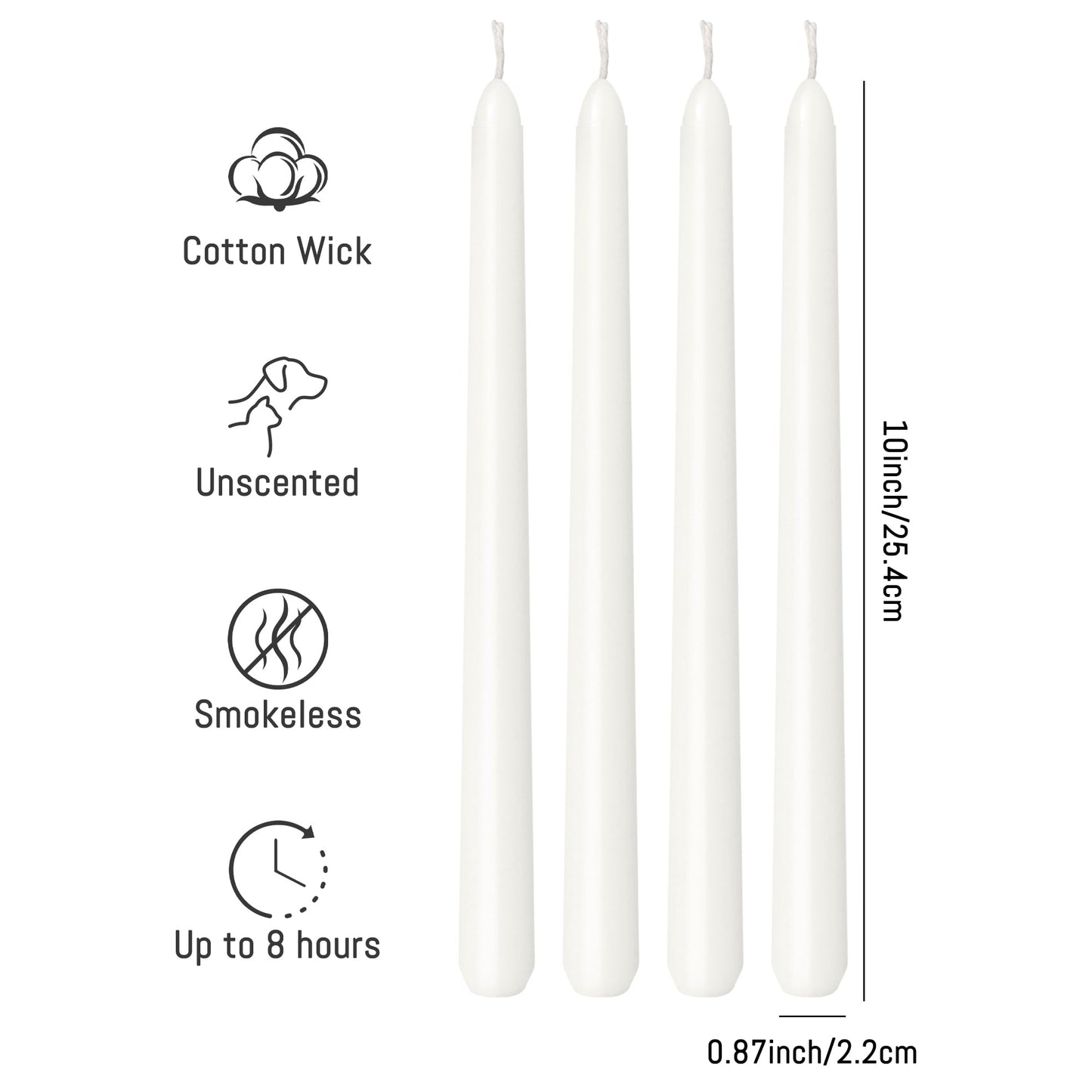 Viyffo Taper Candles, 10 Inch, 4 Pack, White – Unscented, Dripless & Smokeless Design, Up to 8-Hour Burn – Tall Candlesticks for Wedding, Dinner & Home Decor