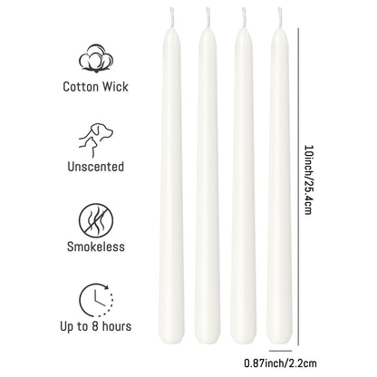 Viyffo Taper Candles, 10 Inch, 4 Pack, White – Unscented, Dripless & Smokeless Design, Up to 8-Hour Burn – Tall Candlesticks for Wedding, Dinner & Home Decor
