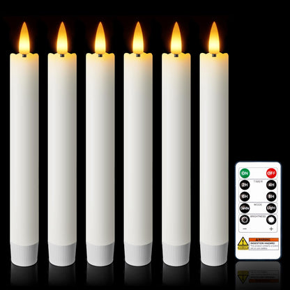 Meigic 7 Inches Dripless Flameless Taper Candles with Remote Timer Dimmer, Real Wax Battery Candlesticks, 3D Flame Fake Candlesticks for Home Wedding Christmas Decor, White, 6 Pcs