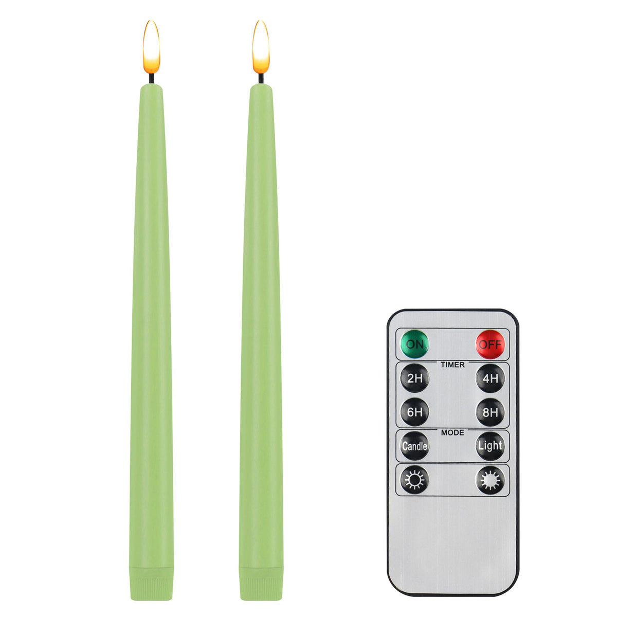 CVHOMEDECO. Flameless Taper Candles with 10-Key Remote, Battery Operated Led Flickering 3D Wick Window Candles Real Wax Finished Home Christmas Party Decor 0.78 x 11 Inch, Pack of 2, Light Green