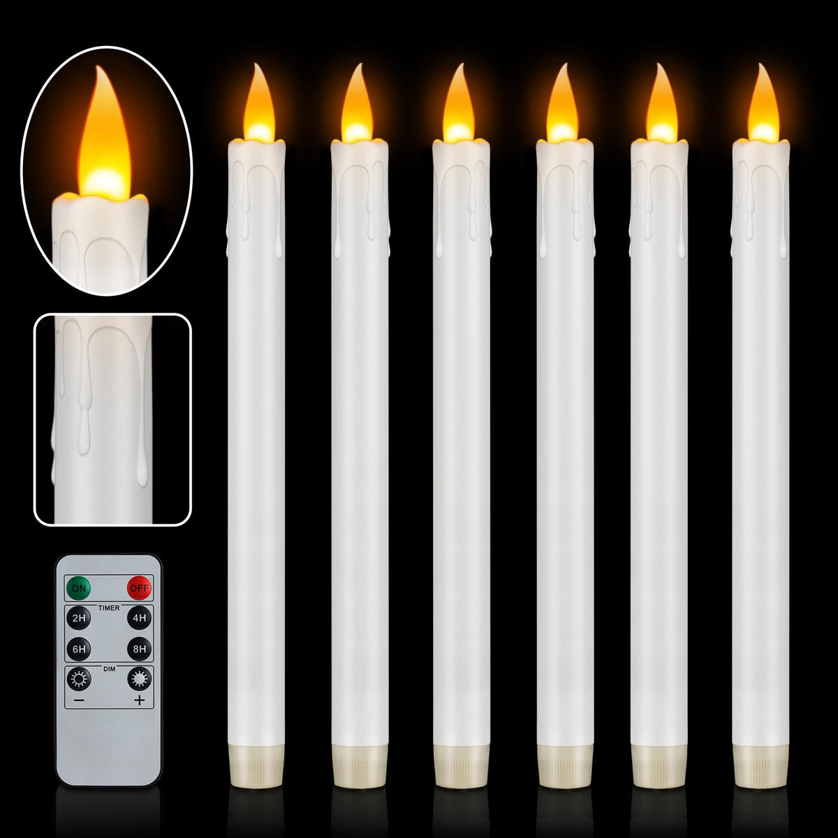 wemarry 10" Flameless Taper Candles with Remote, 6 Pcs White Electric Led candlesticks, PlasticTall Taper Candles Battery Operated with Flickering Flame for Halloween Christmas Wedding Home Décor