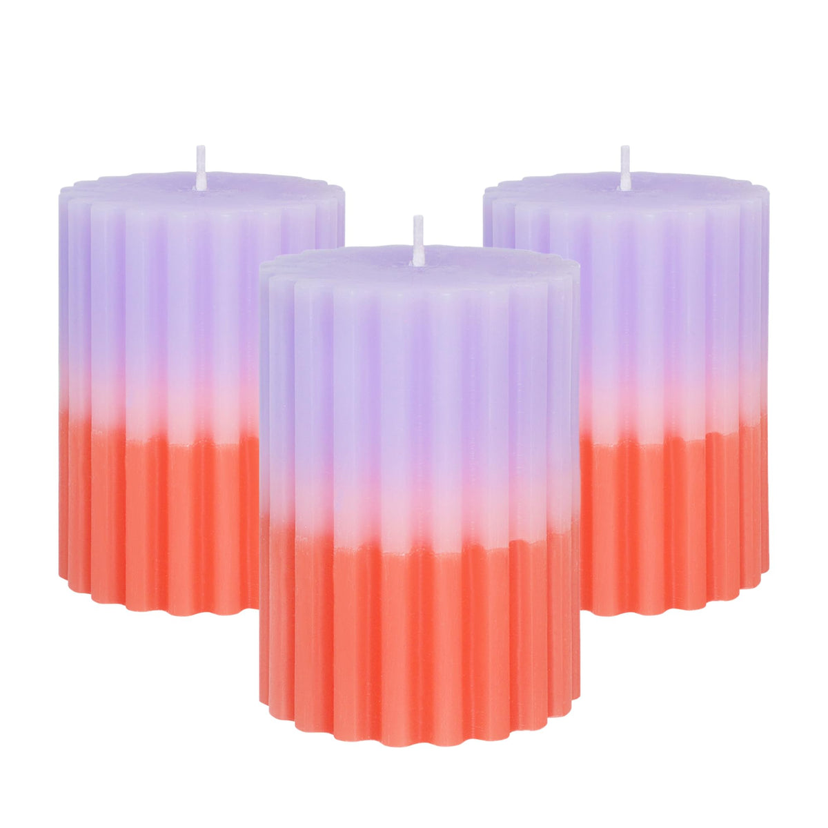 FLAVCHARM Ribbed Pillar Candles Purple Coral Gradient Vanilla Scented 3x4 Inch Candle Handmade Striped Aesthetic Retro Textured Pillar Candle for Boho Home Decor, Coffee Table, Weddings Party, 3-Pack
