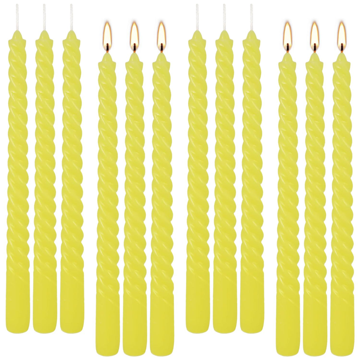 12-Piece Yellow Spiral Wax 10-inch Taper Candles -unscented smokeless, Tear-Free, Long-Lasting Burning Cotton Wick Suitable for Home,Party,Holiday Decorations