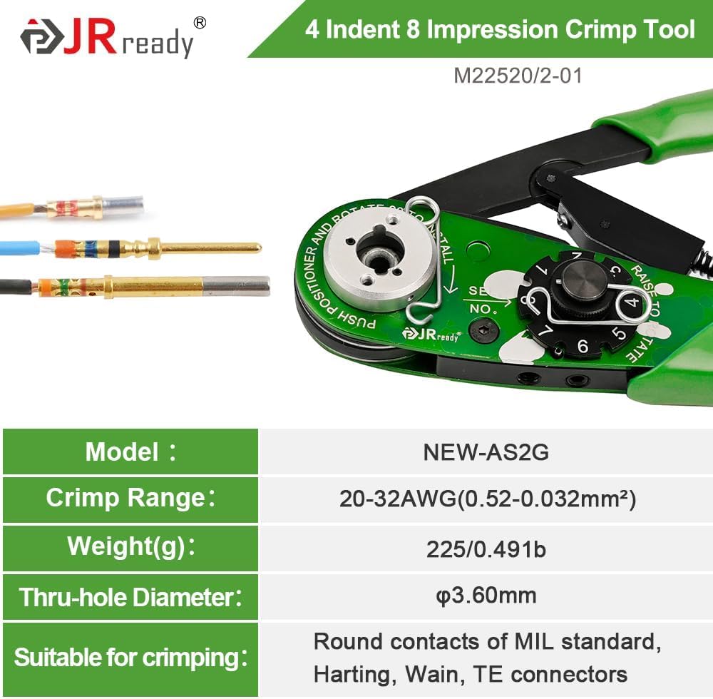 JRready ST2060-AS2G M22520 2 01 Indent Crimper Kit NEW-AS2G 615717 Aviation Crimp Tool and 7 Positioner and G125 Gauge for Solid Barrel Contact of Miniature Connector in Electronic Systems 20 32awg