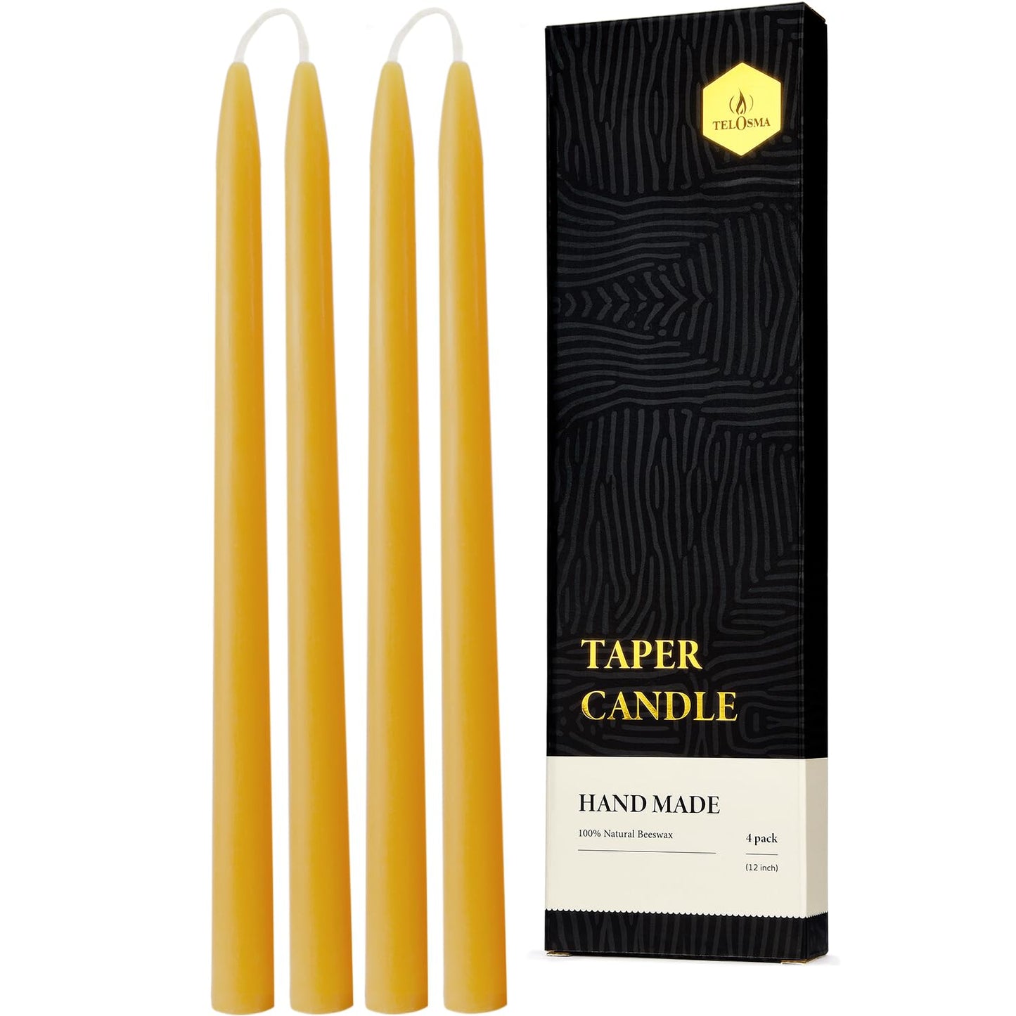 12 inch Organic Beeswax Taper Candles 4 Pack - Dripless Candle, Natural Beeswax Candle, 9+ Hours Long Burning Time -Yellow