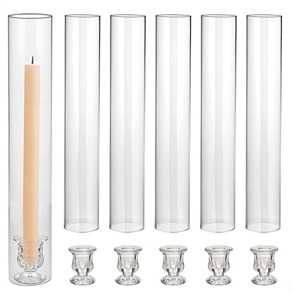 CHILL RECIPE Hurricane Glass Candle Holders-Set of 6 Tall Taper Candle Holder with 14” Tall Clear Cylinder Covers for Wedding Table Centerpiece Home Decor (Floral Base+Clear Chimney)
