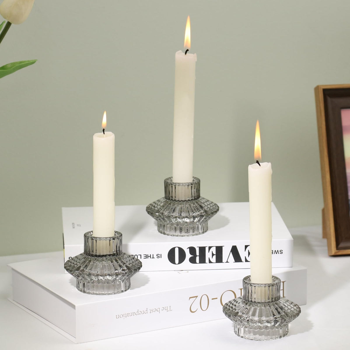 CHOCSTAY Reversible Candlestick Holders Set of 3, Gray Glass Taper and Tealight Candle Holders for Table Centerpiece, Wedding, Party, Home Decor