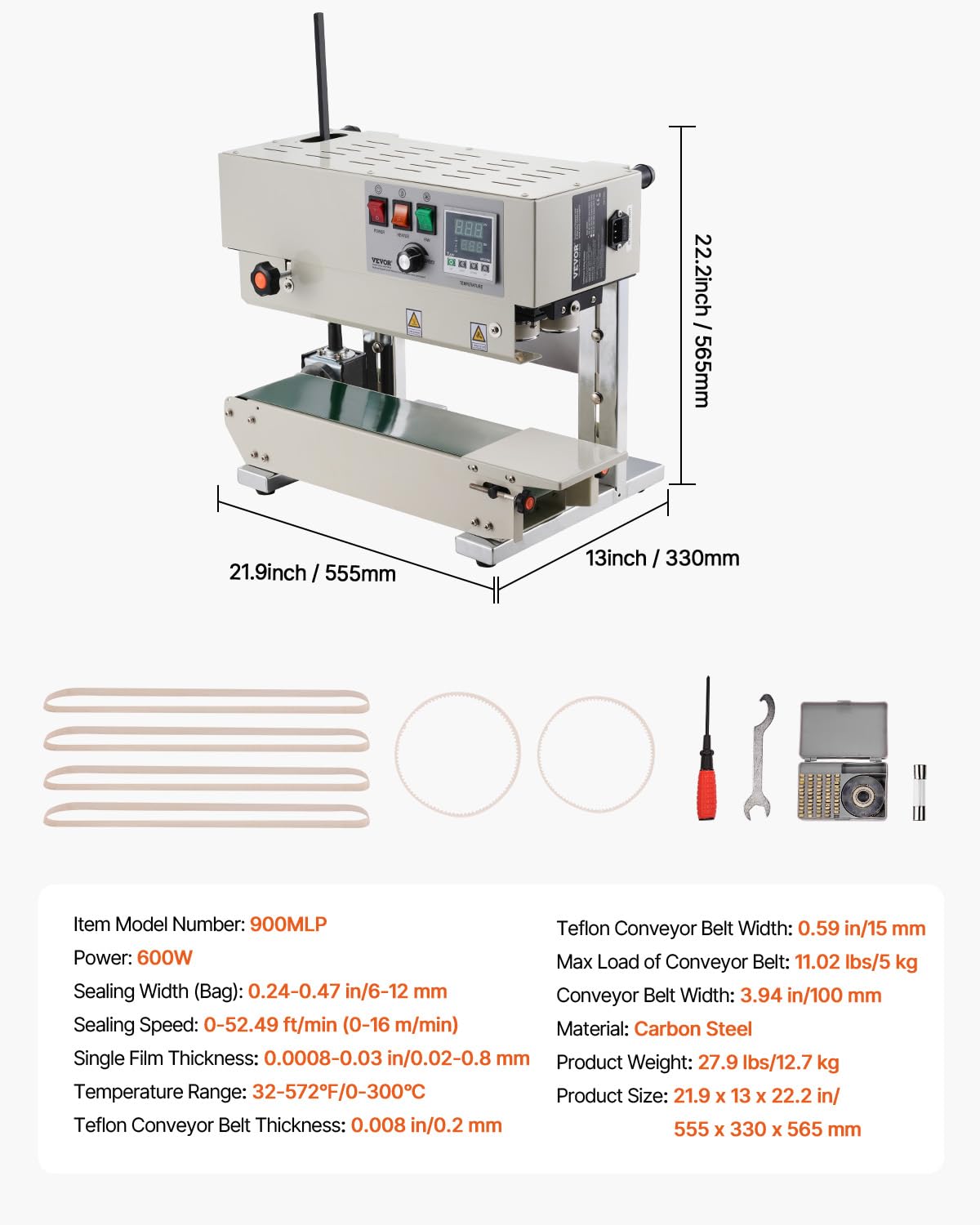 VEVOR Continuous Bag Band Sealing Machine, 0.24-0.47 in/6-12 mm Seal Width, Band Sealer Machine with Digital Temperature Control, Carbon Steel Bag Sealer for 0.02-0.8 mm Plastic Bags Films