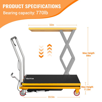 Garvee Hydraulic Lift Table Cart, 770lbs Capacity 50" Lifting Height, Manual Double Scissor Lift Table with 4 Wheels and Non-Slip Pad, Hydraulic Scissor Cart for Material Handling, Yellow