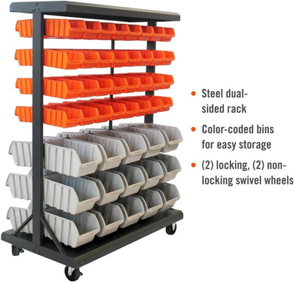 TRINITY Rolling Storage Bin Rack & Parts Organizer, 7-Tier Dual-Sided Bin Cart Shelving for Shop Storage, Nut and Bolt Organizer, Garage, Warehouse, Tools & Hardware, 330Lb Max, With Wheels, Black