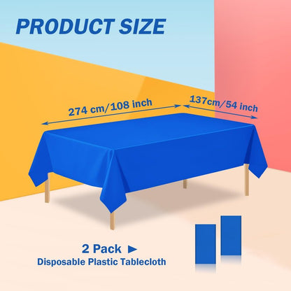 PUSAEN 2 Pack Royal Blue Plastic Table Cloth Disposable Rectangle Tablecloth 54 x 108 Inch, Royal Blue Plastic Table Covers for Birthday Wedding Banquet Picnic Holiday Party Decorations