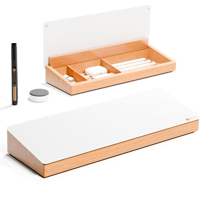 Glass Desktop Whiteboard with Wood Organizer for Small Office Accessories, Aesthetic Desk Dry Erase White Board with Drawer for Home Office Cubicle, Marker & Eraser Included, Yeoux