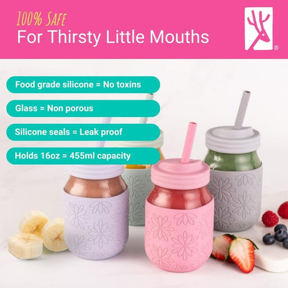 Elk and Friends 16 oz Mason Jar Cups with Straw Lids + Silicone Straws | Pint Glass Jars | Smoothie Cups | Drinking Glasses | Oats Container + Food Storage | 4 Pack