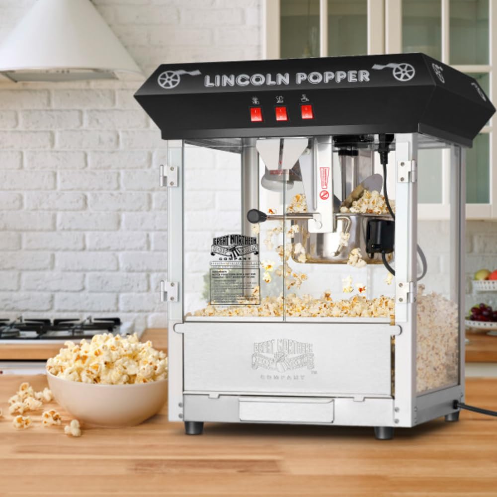 Lincoln Popcorn Machine - 8oz Popper with Stainless-Steel Kettle, Reject Kernel Tray, Warming Light and Accessories by Great Northern Popcorn (Black)