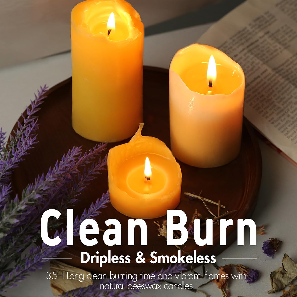 Natural Beeswax Candles 3 Packs, 105 Hours Burn Time Total, 100% Pure Beeswax Pillar Candles for Emergency Prayer Home Decor, Bees Wax Candle for Relax, Smokeless & Dripless [2x4 inch]