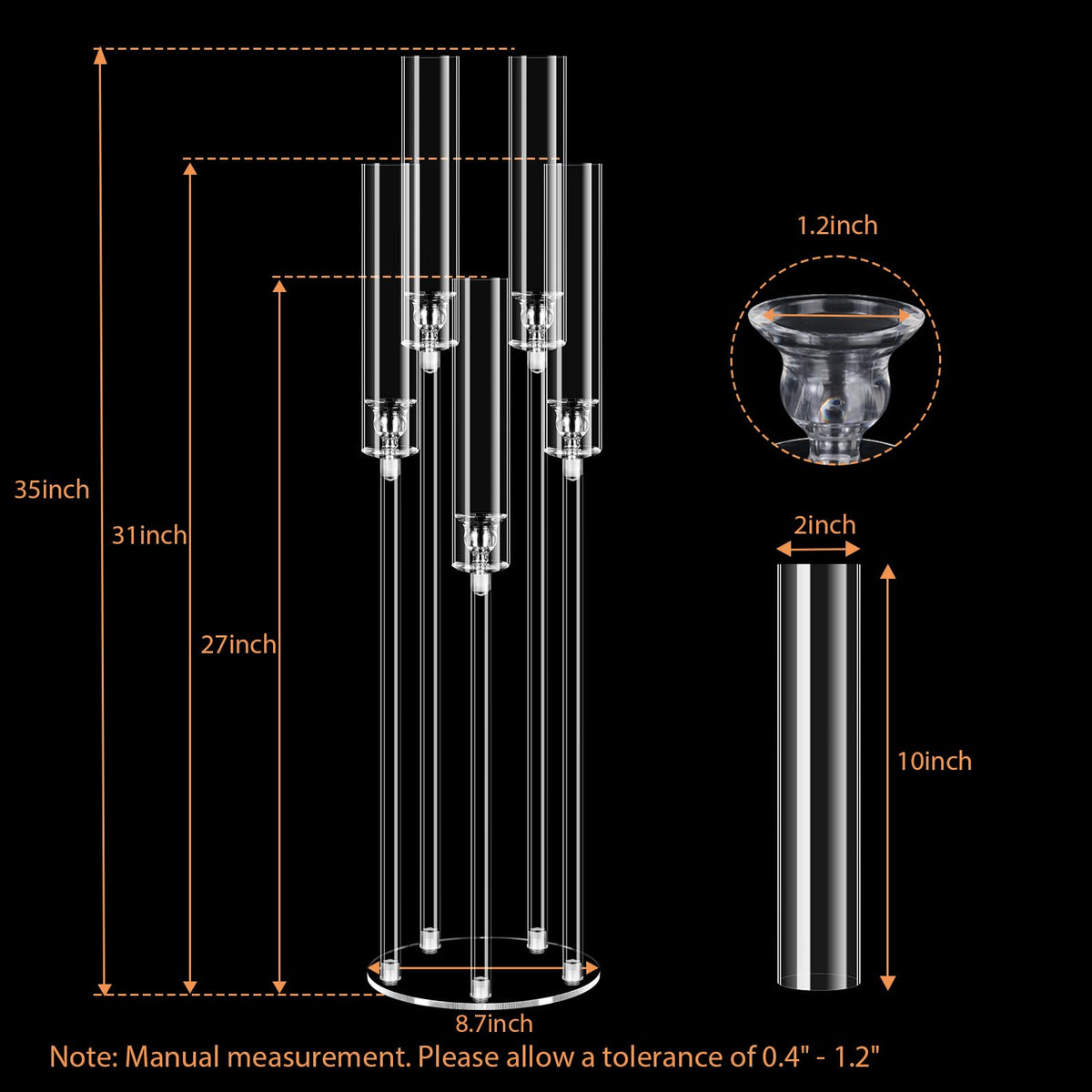 4Pcs 5 Arms Acrylic Candelabra Centerpieces for Tables Decortion,Clear Candle Holder for Wedding Dinner Fireplace Decoration,35 inches Tall Candlesticks Holder with Lampshade, Fits LED Candle