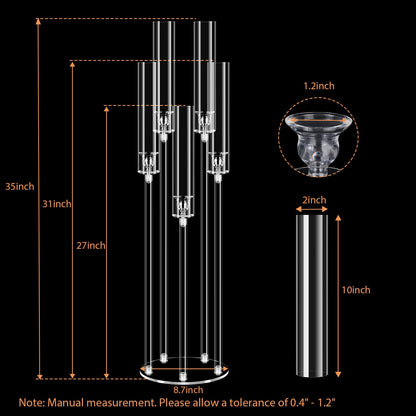 4Pcs 5 Arms Acrylic Candelabra Centerpieces for Tables Decortion,Clear Candle Holder for Wedding Dinner Fireplace Decoration,35 inches Tall Candlesticks Holder with Lampshade, Fits LED Candle