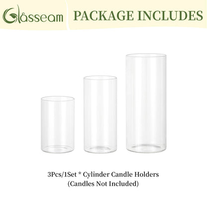 Glasseam Hurricane Glass Candle Holders: 3 Pcs Clear Cylinder Vases for Centerpieces Large Pillar Candle Holder for Floating Candles Modern Home Decor Wedding Table 5.3'' 7.3'' 9.5'' Height