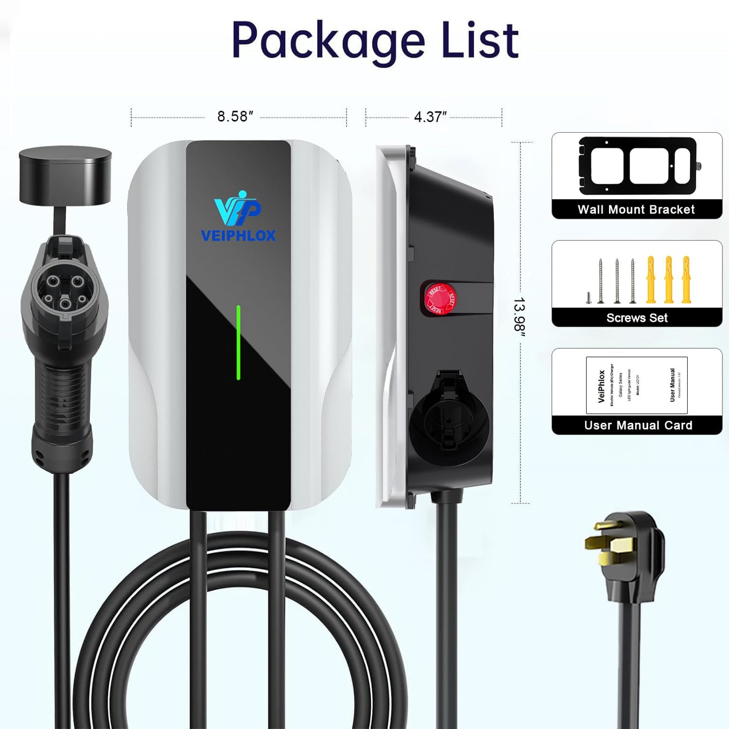 VEIPHLOX Level 2 EV Charger 40A (9.6kW), 240V J1772 Charging Station with NEMA 14-50P Just Plug & Charge (No App Needed). Zero Light Pollution: LED Remains Off in Standby (Auto-On During Charge)