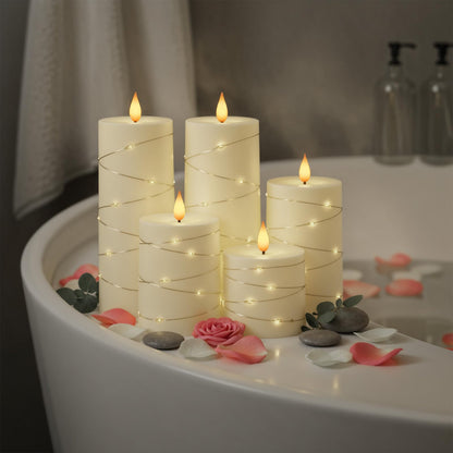 Raycare Flameless Candles with Remote Timer, Flickering Battery Operated LED Pillar Fake Candle with String Lights for Home Decor, Christmas, Wedding and Gift, Ivory, Set of 5