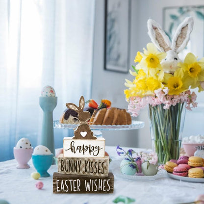 DIYDEC 4Pcs Easter Tabletop Decorations Bunny Wooden Block Signs Gift Rustic Tiered Tray Decor Happy Easter Centerpiece Farmhouse Wood Rabbit Table Sign for Kitchen Home Office Party Decor