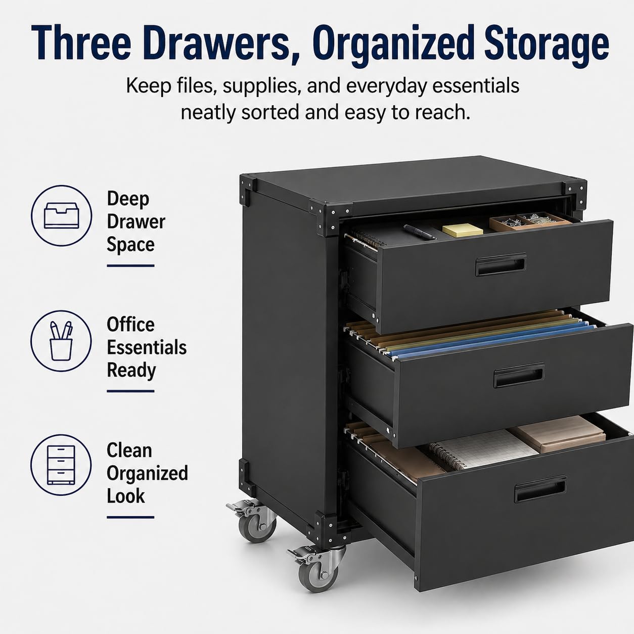 GarveeHome Heavy Duty Metal Tool Cabinet Organizer – 3 Lockable Drawers, Rolling Storage Cart & Workbench, Steel Construction, Easy Assembly, Ideal for Garage, Workshop, Warehouse, Office – Black