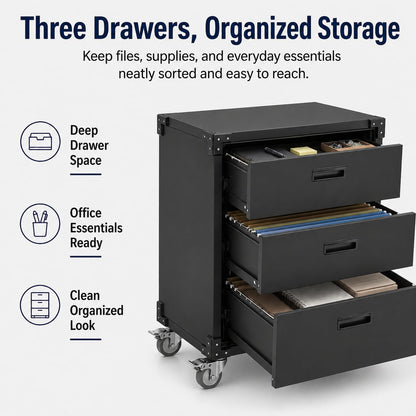 GarveeHome Heavy Duty Metal Tool Cabinet Organizer – 3 Lockable Drawers, Rolling Storage Cart & Workbench, Steel Construction, Easy Assembly, Ideal for Garage, Workshop, Warehouse, Office – Black