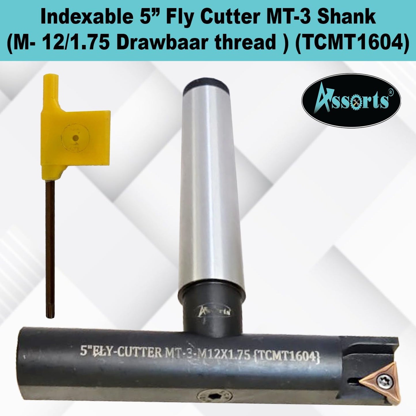 Assorts 5″ Balanced Fly Cutter Indexable Face Milling Cutter with MT-3 Shank (M12 × 1.75 Drawbar), Single TCMT1604 Insert, Torx Screw & Star Key Included