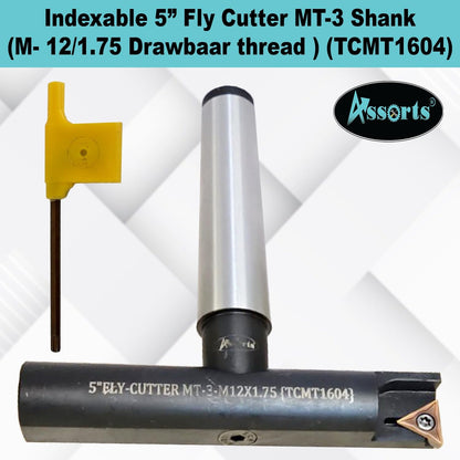 Assorts 5″ Balanced Fly Cutter Indexable Face Milling Cutter with MT-3 Shank (M12 × 1.75 Drawbar), Single TCMT1604 Insert, Torx Screw & Star Key Included