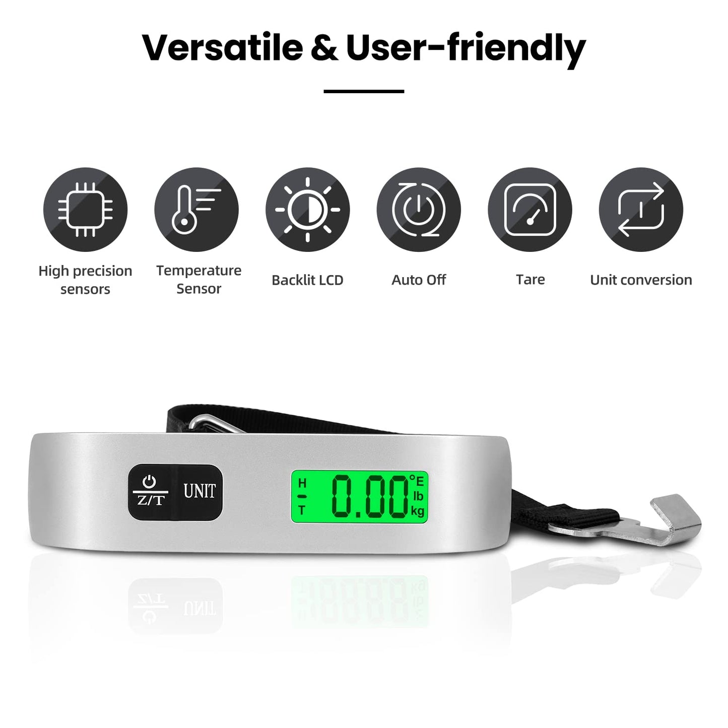 BAGAIL Digital Luggage Scale, 110lbs Hanging Baggage Scale with Backlit LCD Display,Portable Suitcase Weighing Scale,Travel Luggage Weight Scale with Hook,Strong Straps for Travelers(Ash Silver/Temp