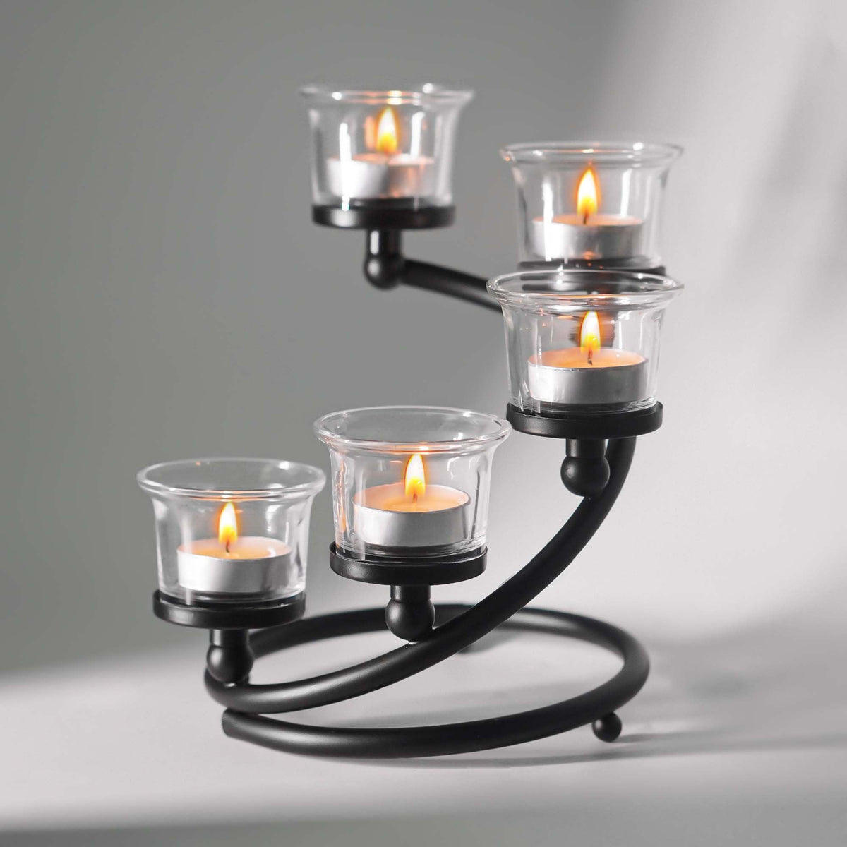 Kolnlala 1PC Clear Chunky 5 Cups Metal Tea Light Candle Holders for Table Centerpiece, Glass Votive Tealight Holders/Candelabra Candlestick Holders for Wedding,Party, Anniversary,Christmas(Black)