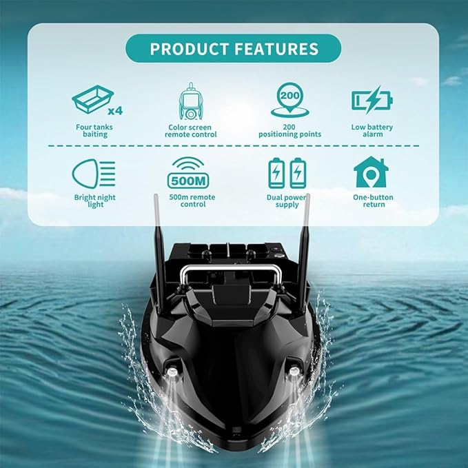 RC Bait Boat for Fishing with 4 Boxes Dual Antena and 18000mAh Battery for 500M Long-Range Bait Boat with LED Light Hook Release High-definition Color Screen Remote Control GPS Positioning