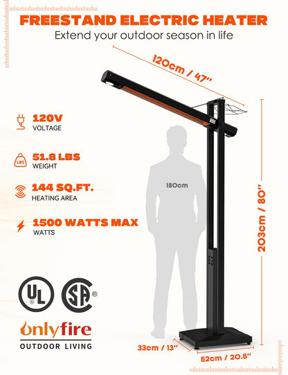 onlyfire FlexRay Heater - 80" Electric Infrared Patio Heater for Indoor & Outdoor Use, Freestanding Heater with Magnetic Remote & Cover, 3 Heat Modes + Light Mode,1500W, Overheat & Tip-Over Protection