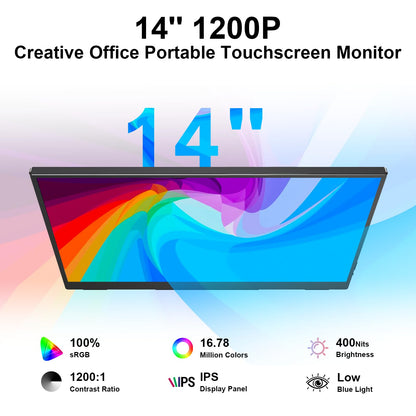 Topmonitor 14" Portable Monitor Touchscreen, 1200P FHD IPS Travel Monitor with Tempered Glass,10-Point Touch, Dual Speakers & Kickstand, USB-C HDMI External Monitor for Laptop MacBook Phone PS5 Switch